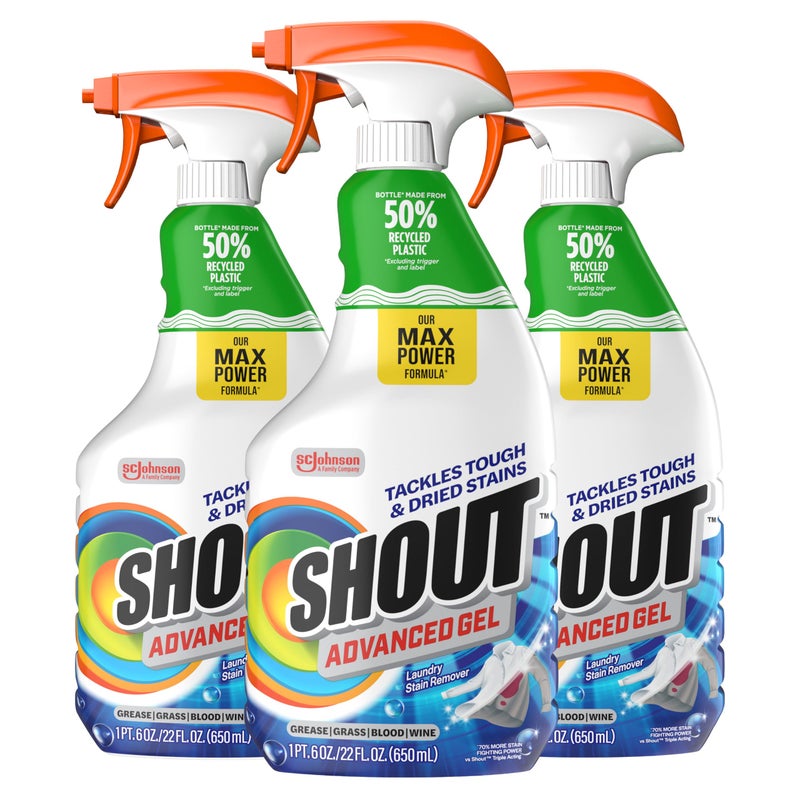 Shout Advanced Laundry Stain Remover Gel for Clothes Laundry, Breaks down stubborn, dried-in, and tough stains - 22oz Spray (Pack of 3), Packaging May Vary - Image 1